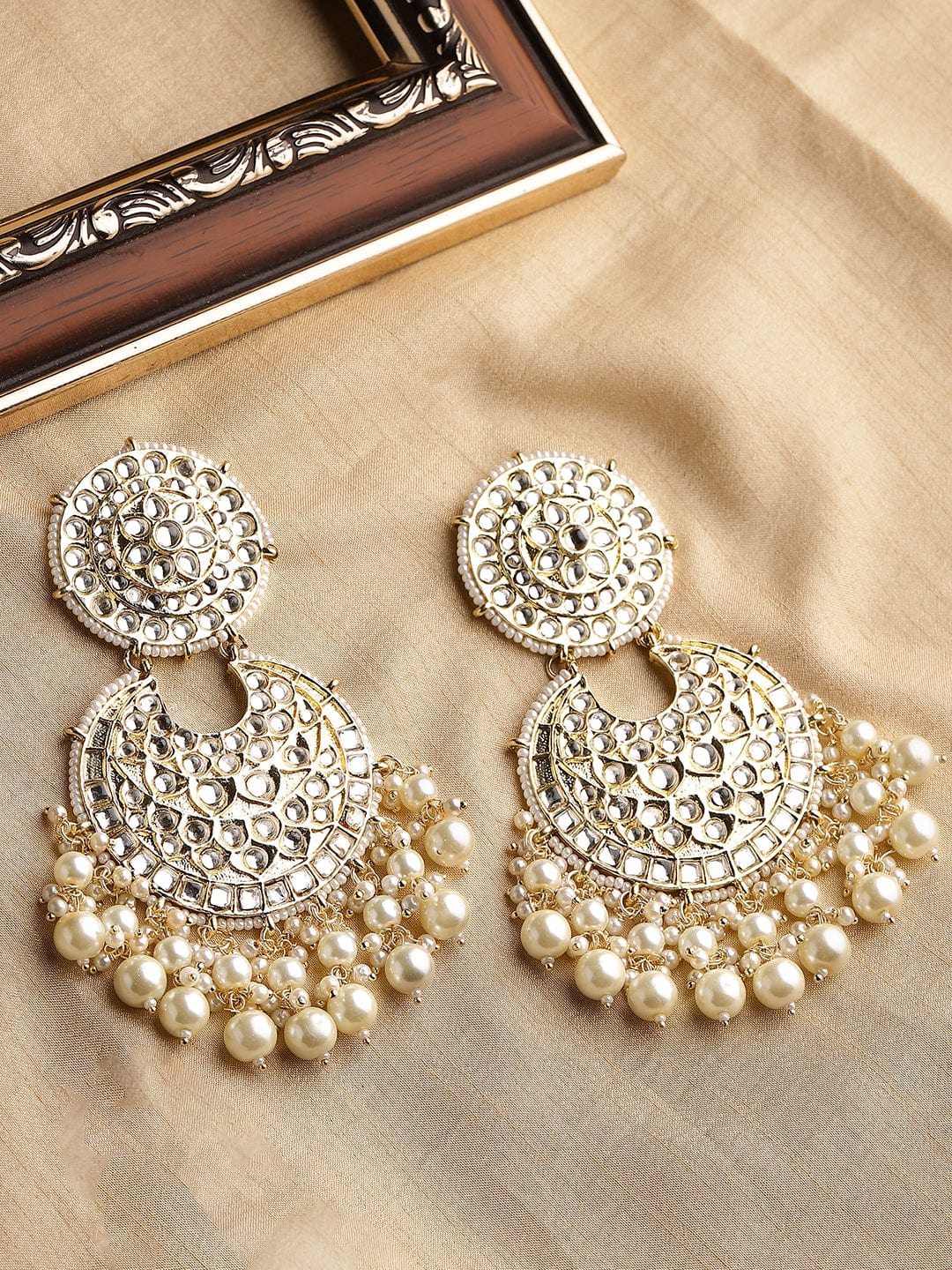 Buy PANASH Gold Plated Kundan & Pearl Studded Classic Chandbali Earrings  online